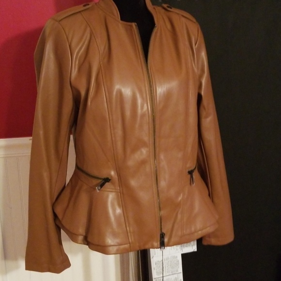 G I L I Jackets Coats Faux Leather Double Peplum Jacket Camel Color Poshmark